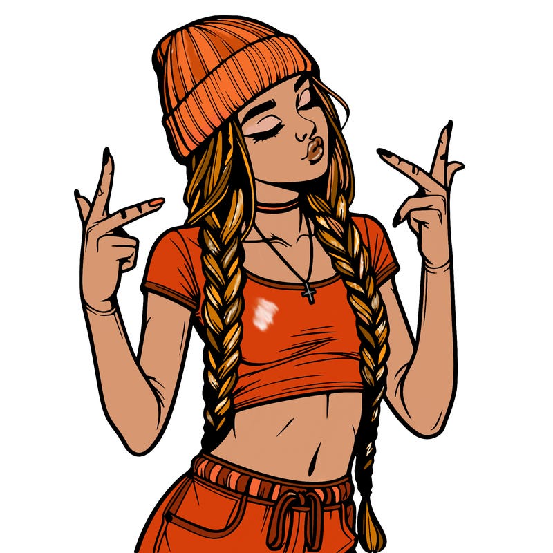 realistic teenage girl with braids and a beanie and crop top doing 🫶🏼
