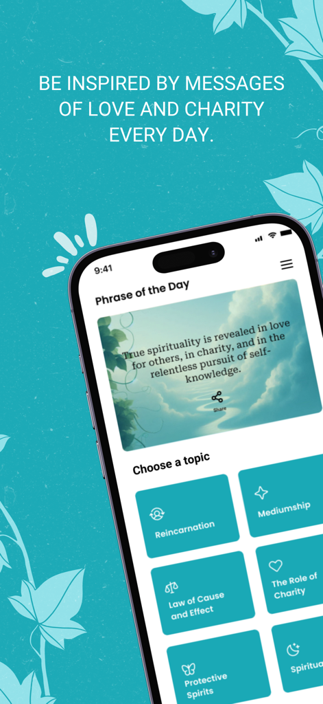 Chico - Spiritual Guide - Interface of Chico Spiritual Guide app featuring the Phrase of the Day and Spiritist topics