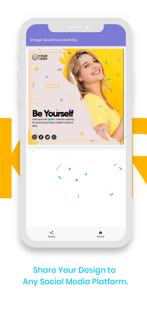 Social Media Post Maker 2025 - Pantalla de smartphone que muestra un diseño de publicación para redes sociales completado con un botón para compartir