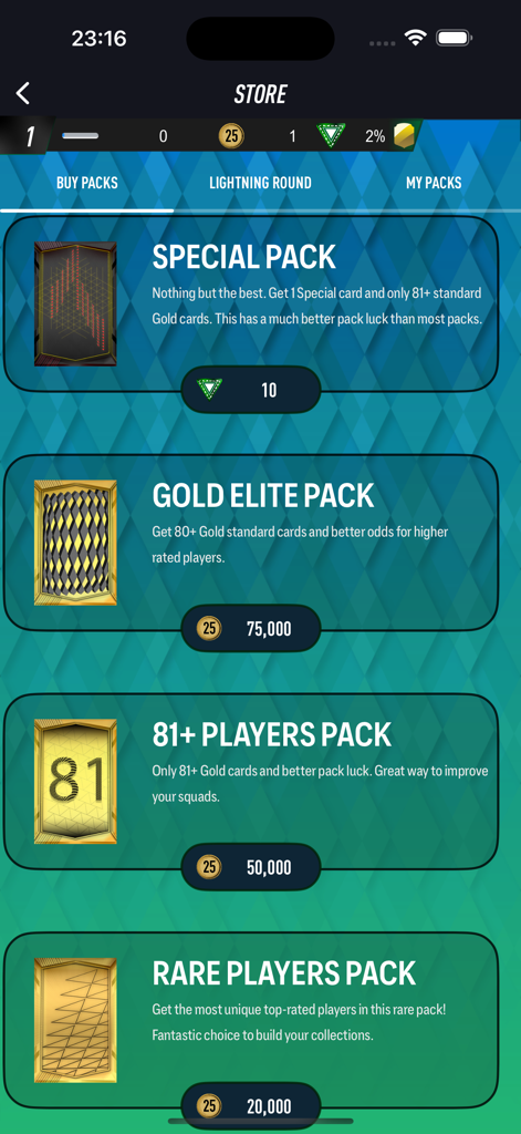 PACFUT 25 - PACFUT 25 in-game store interface showing football player card packs available for purchase
