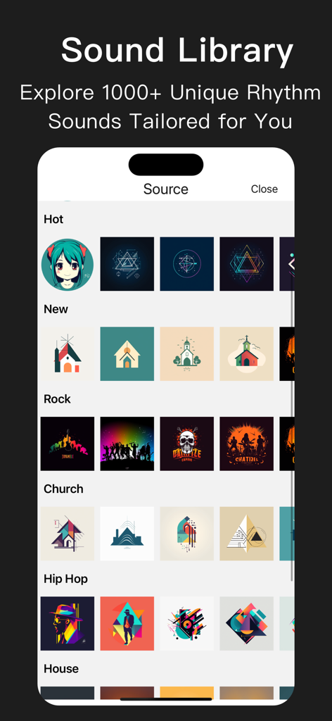 Metronome Pro - beats and BPM - The sound library screen of the Metronome Pro app displaying various rhythm sound packs and music categories like Rock Church and Hip Hop
