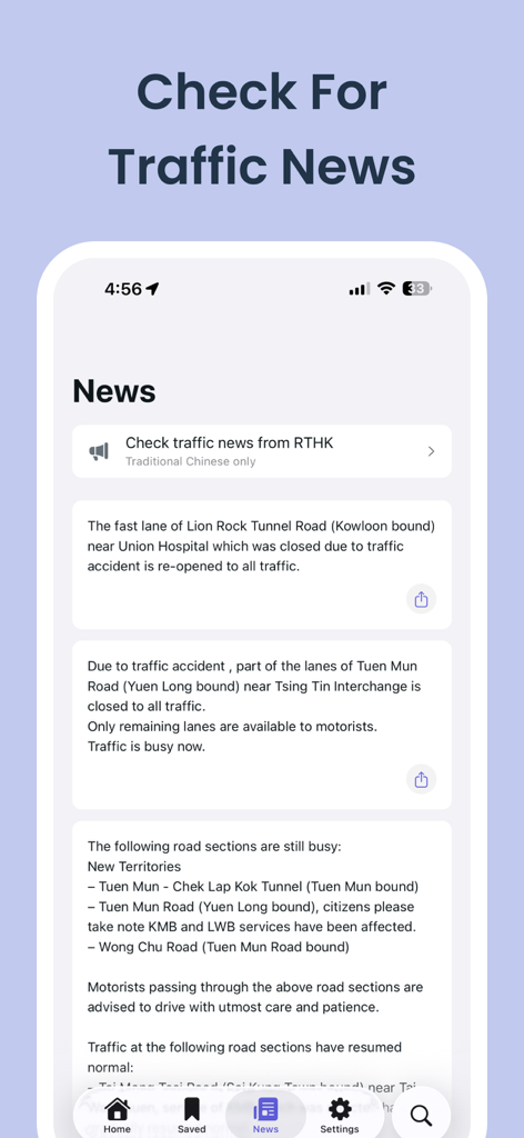 HK Bus Time - HK Bus Time app interface showing real-time traffic news and road updates for Hong Kong commuters.