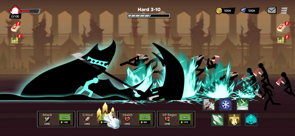 Stickman vs Monster: Idle RPG - Eroe stickman che usa un attacco falce blu luminoso contro nemici multipli in stile arte ombra.