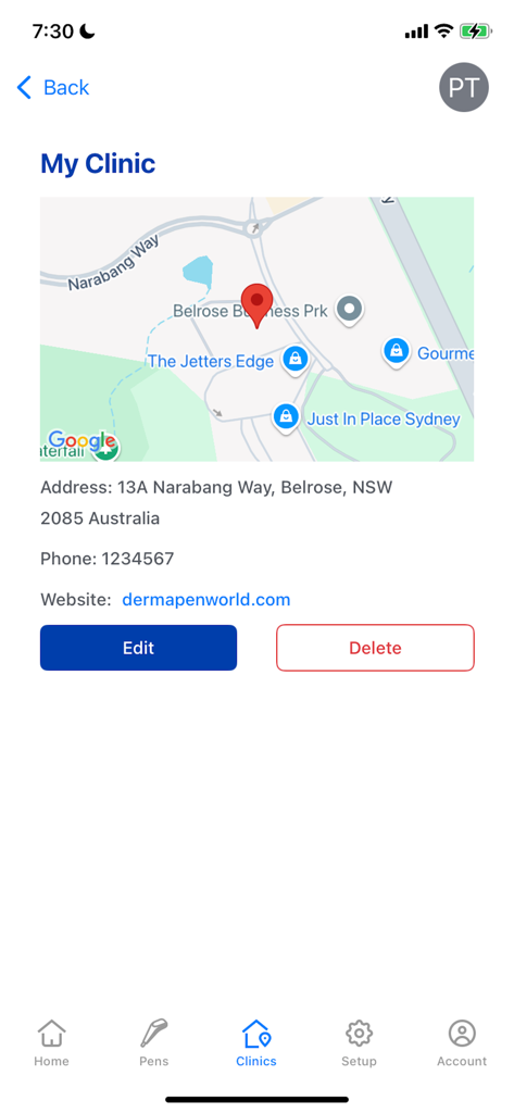 My Clinic screen in the Dermapenworld app showing clinic address, map location, and professional contact information.