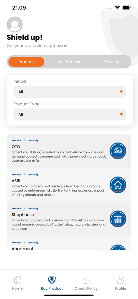 BRINS MOBILE - BRINS MOBILE app interface showing a list of insurance products for vehicle and property protection