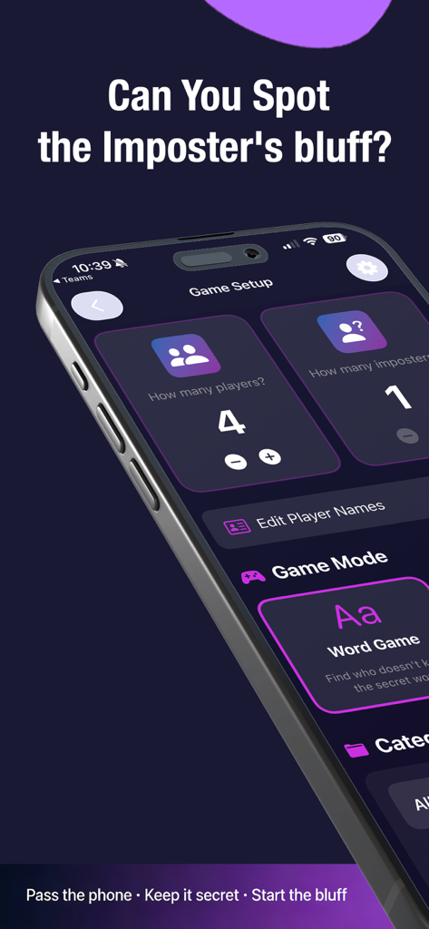 Pantalla de configuración del juego de la aplicación Imposter Party que muestra el número de jugadores y la selección del modo de juego.