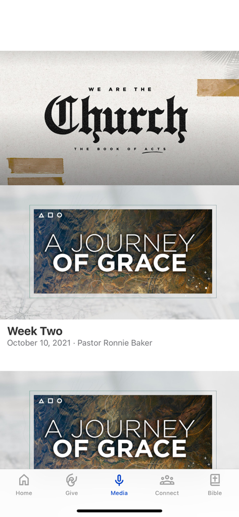 Audacity.Church - The media interface of the Audacity Church app showing a sermon series called A Journey of Grace.