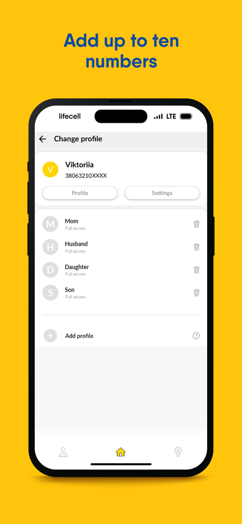 My lifecell - My lifecell app screen showing multiple family member profiles like Mom Husband and children linked to one mobile account