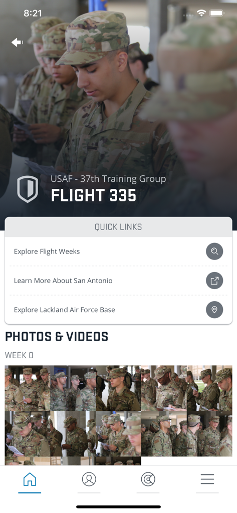 Aim High Air Force app showing USAF 37th Training Group Flight 335 training details and photos