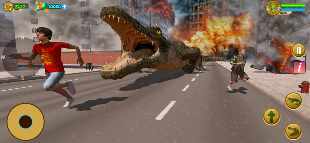 Crocodile Attack Wild Sim Game - Un cocodrilo gigante persiguiendo personas en una calle de la ciudad con explosiones y fuego
