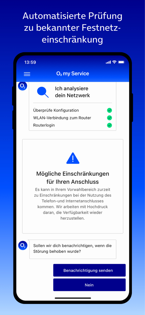 o2 my Service - Pantalla de smartphone mostrando la aplicación o2 my Service realizando un diagnóstico de red automatizado con una advertencia de restricción de servicio.