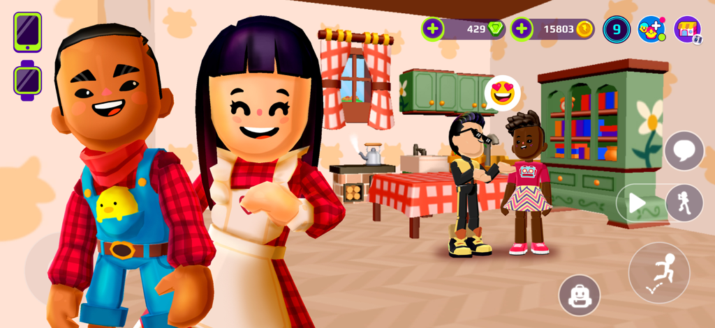 PK XD: Fun, friends & games - Quattro avatar colorati che socializzano all'interno di una casa virtuale decorata in PK XD.