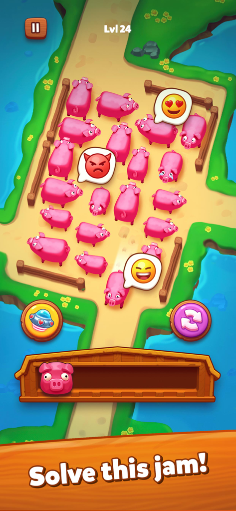 Top down view of a farm puzzle level featuring pink pigs in a traffic jam with emoji bubbles and game boosters