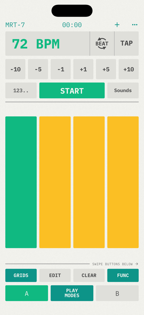 MRT-7 Metronome - Interfaz de la aplicación Metrónomo MRT-7 que muestra 72 BPM y una cuadrícula rítmica visual de cuatro compases.