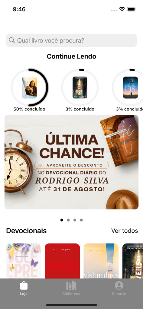 CPB Books - Interface do aplicativo CPB Livros mostrando a tela inicial com a seção 'continuar lendo', banner promocional de livros devocionais e menu de navegação.