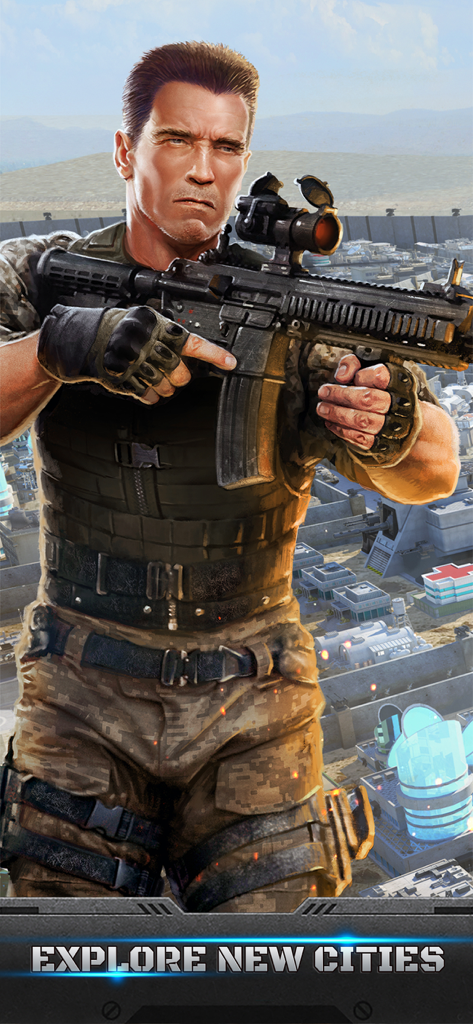 Mobile Strike - Arnold Schwarzenegger wearing tactical gear and holding an assault rifle in the Mobile Strike game.