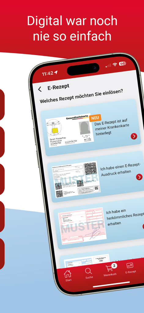 Mediherz App-Oberfläche mit Optionen zum Scannen deutscher E-Rezepte über eine Gesundheitskarte oder einen QR-Code-Ausdruck