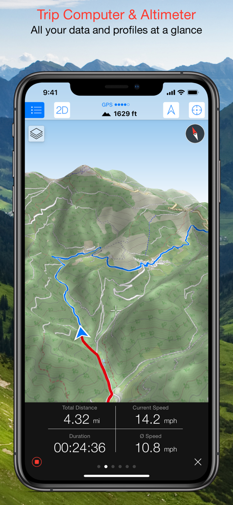 Maps 3D PRO - Hike & Bike - Maps 3D PRO interface showing a 3D topographic map with trip computer data including speed distance and altitude
