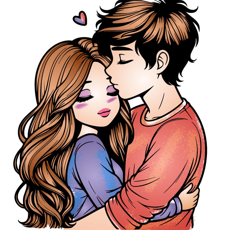 a realistic couple boy and girl hugging and kissing