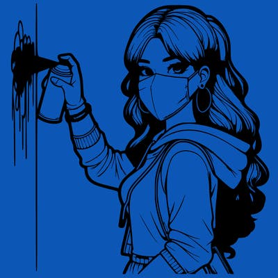 realistic girl with mask spray painting a wall