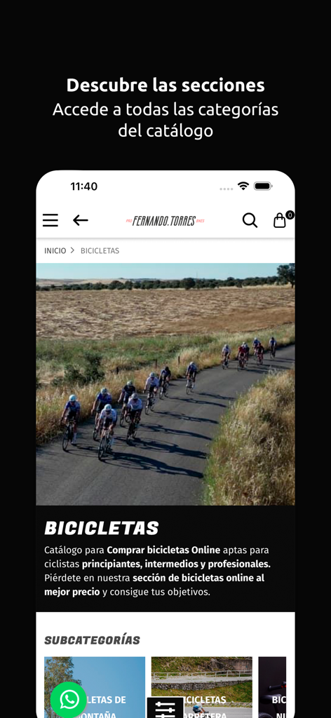 Fernando Torres Probikes - Pantalla de la aplicación Fernando Torres Probikes mostrando las categorías y subcategorías del catálogo de bicicletas