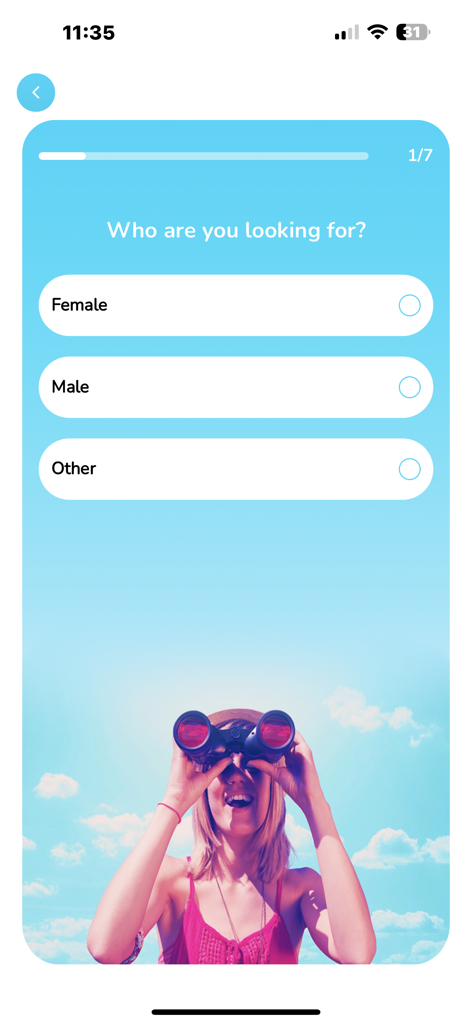 Burmese Cupid - Burmese Cupid app onboarding screen asking users who they are looking for with options for female male and other
