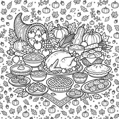 Get ready for a delicious holiday with this Thanksgiving feast coloring page designed for kids. Little artists can bring to life a bountiful table featuring a roasted turkey, sweet pies, and a cornucopia of harvest treats.