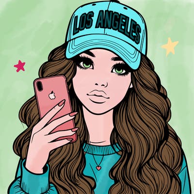 realistic beautiful girl wearing los ángeles cap holding an iphone