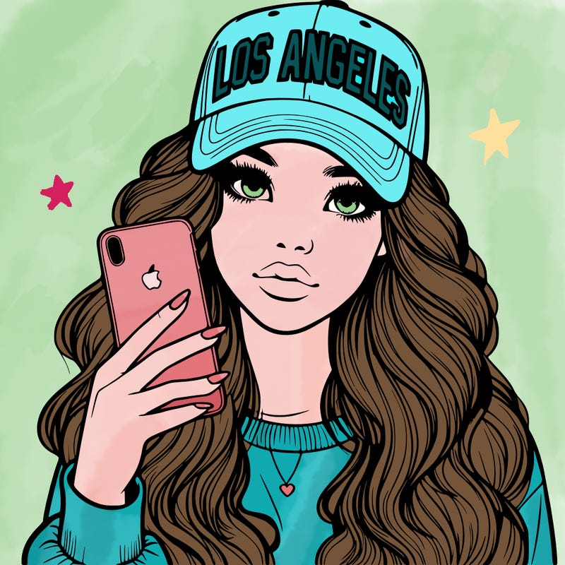 realistic beautiful girl wearing los ángeles cap holding an iphone