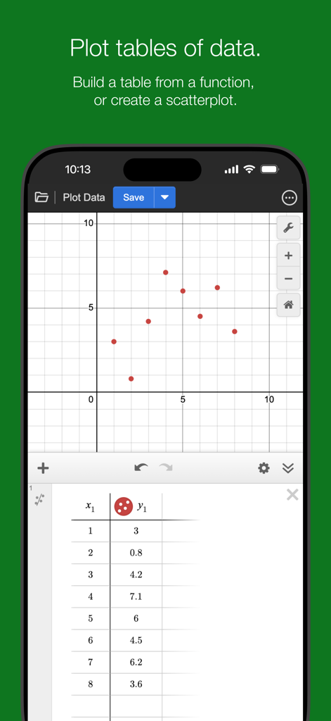 Desmos Graphing Calculator app interface showing a data table and its corresponding scatterplot graph