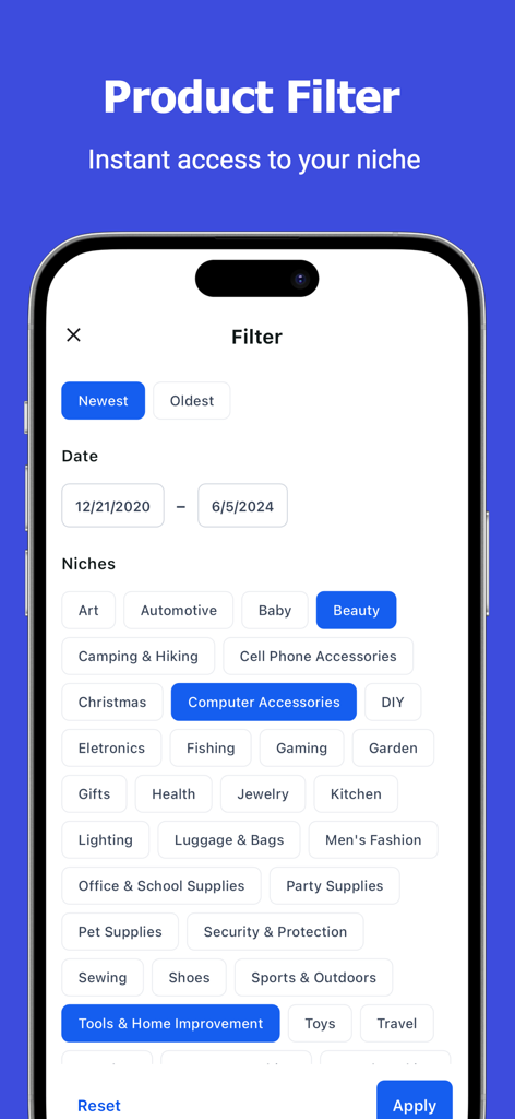 Dropshipping+ - Interface of Dropshipping+ app featuring product filtering by niche and date range.