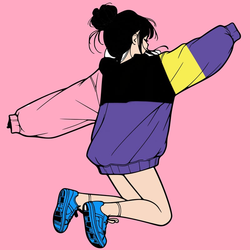 realistic girl jumping with a bun and oversized sweatshirt