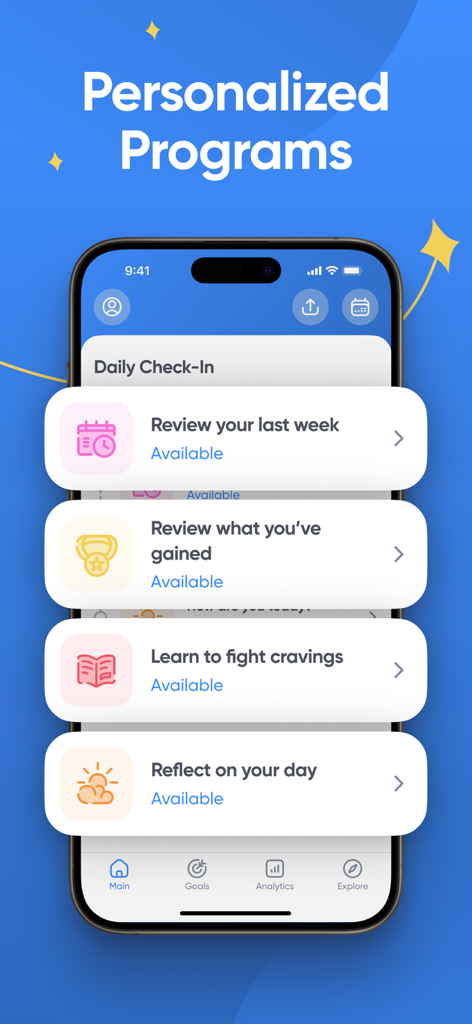 Sober Day - Sobriety Counter - Sober Day app interface showing a list of personalized daily check-in tasks for alcohol reduction