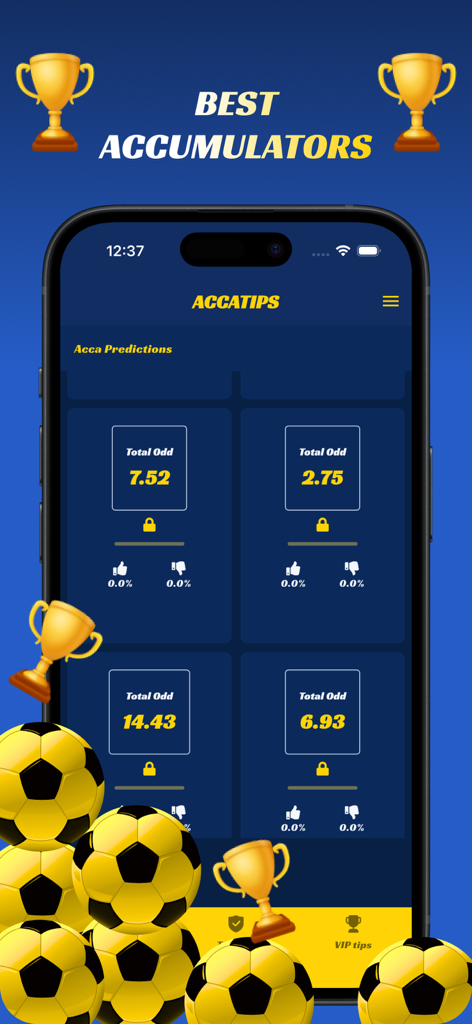 Betting Tips - Acca Prediction - Smartphone display showing the Acca Prediction app with soccer betting accumulator odds and trophies