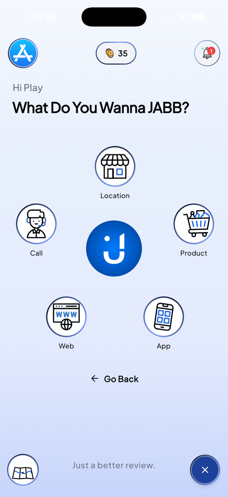 JABB Mobile - JABB Mobile app interface showing categories for mystery shopping assignments including Location Call Product Web and App