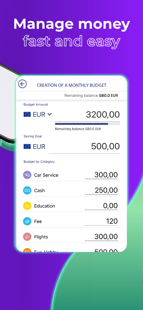 Pantalla de la aplicación MyFin que muestra la creación de presupuesto mensual con categorías de gastos y objetivos de ahorro en euros