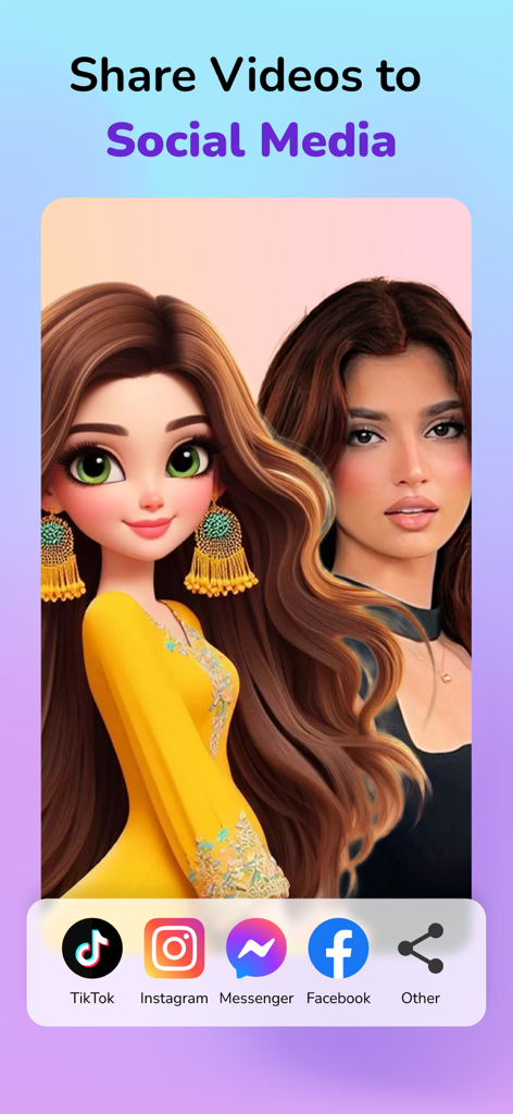 Comparación de una mujer y su doble de dibujos animados con botones de compartir en redes sociales para TikTok e Instagram
