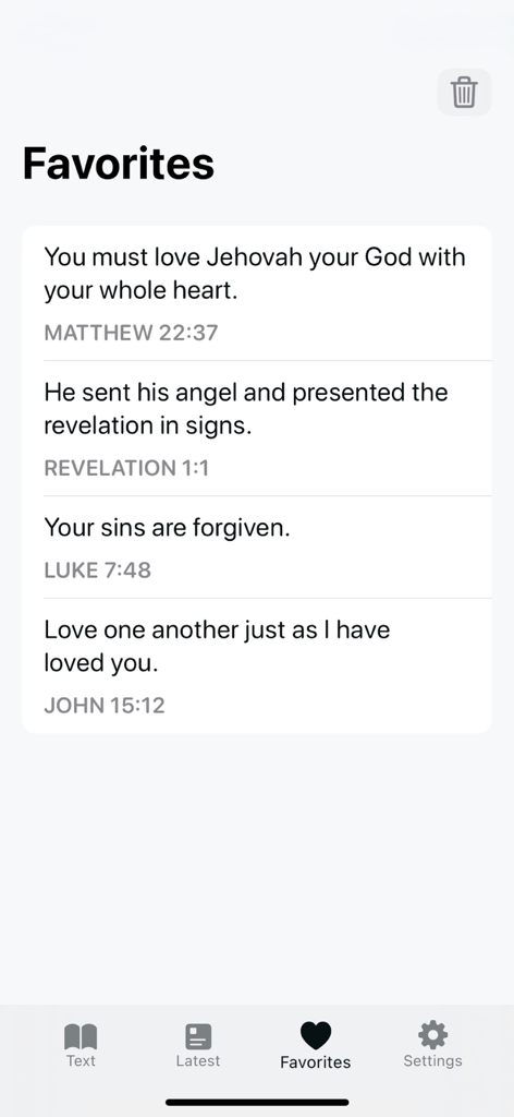 Daily Text with Jehovah - The Favorites screen of the Daily Text with Jehovah app displaying a list of saved Bible verses from Matthew, Revelation, Luke, and John.