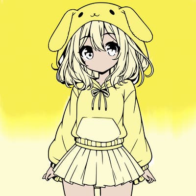 pretty anime girl wearing a fluffy hoodie with bunny ears on the hood and a skirt