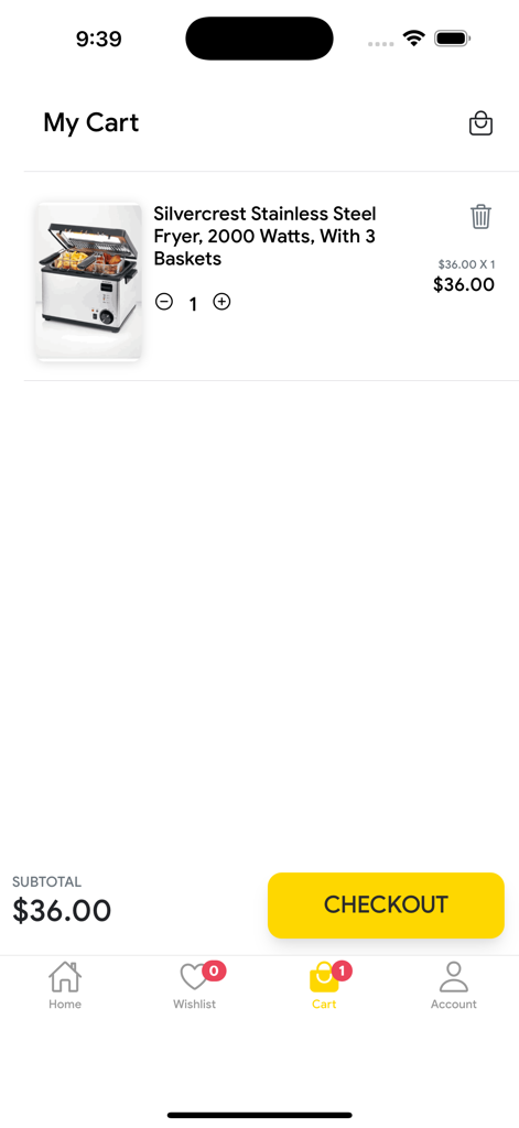 Martzon - The Martzon app shopping cart screen displaying a Silvercrest stainless steel deep fryer with a checkout button and subtotal.