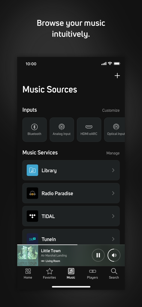 BluOS Controller - Screenshot des BluOS Controller App-Bildschirms für Musikquellen, der Eingänge und Streaming-Dienste wie TIDAL anzeigt