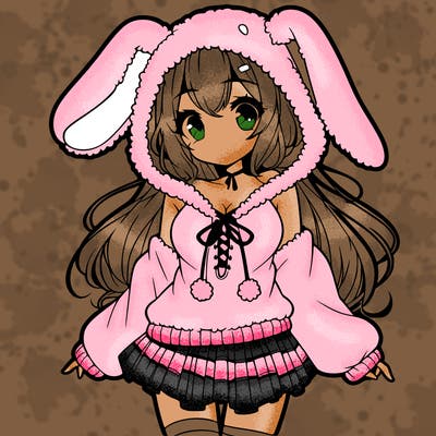 pretty anime girl wearing a fluffy hoodie with bunny ears on the hood and a skirt
