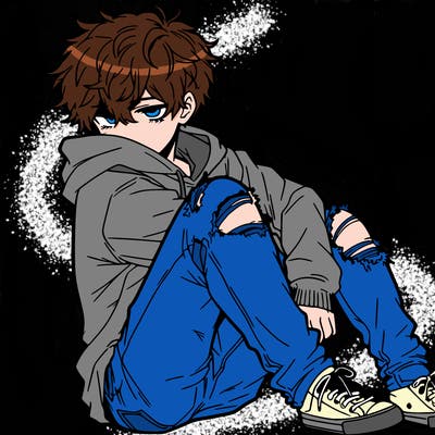 a male hoddie ripped jeans messy hair anime
