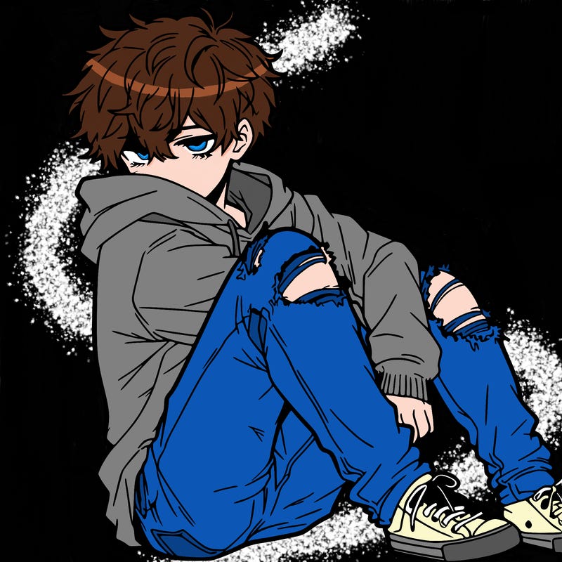 a male hoddie ripped jeans messy hair anime
