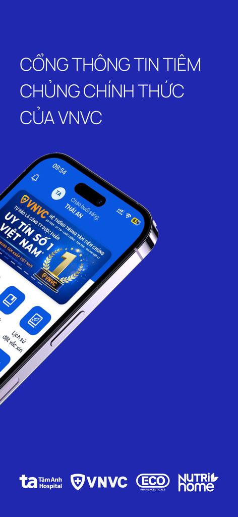 Official VNVC vaccination information portal app interface on a mobile phone screen.