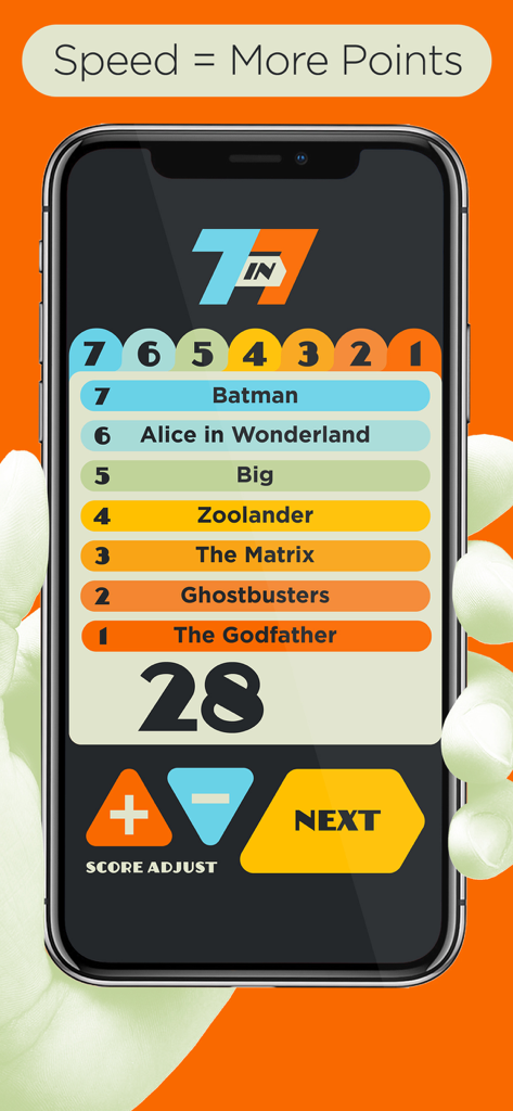 7 in 7: Pop Culture Party Game - Ein Smartphone, das die Film-Hinweisoberfläche der 7 in 7 Pop Culture Party Game App zeigt.