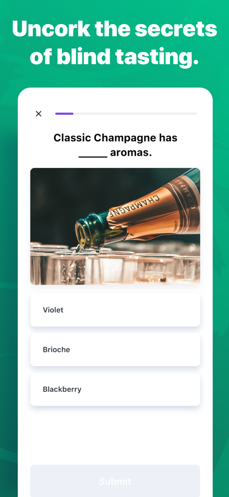 True Wine app interface featuring a gamified quiz question about classic Champagne aromas.