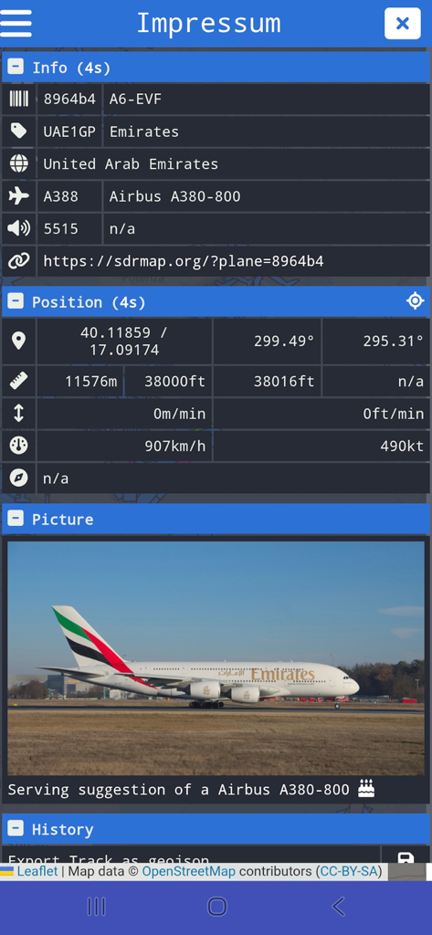 Radar Map - Detailed aircraft tracking screen in the Radar Map app showing technical flight data and a photo of an Emirates Airbus A380.