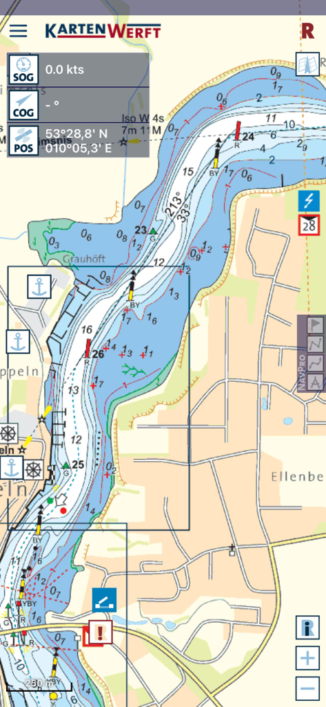 KartenWerft NavGo 2.0 - A screenshot of the KartenWerft NavGo 2.0 app displaying a detailed digital nautical chart with navigation data and waterway information