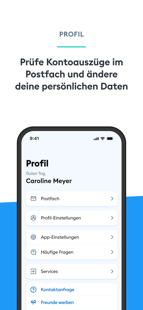DKB banking app profile screen showing mailbox and user settings menu